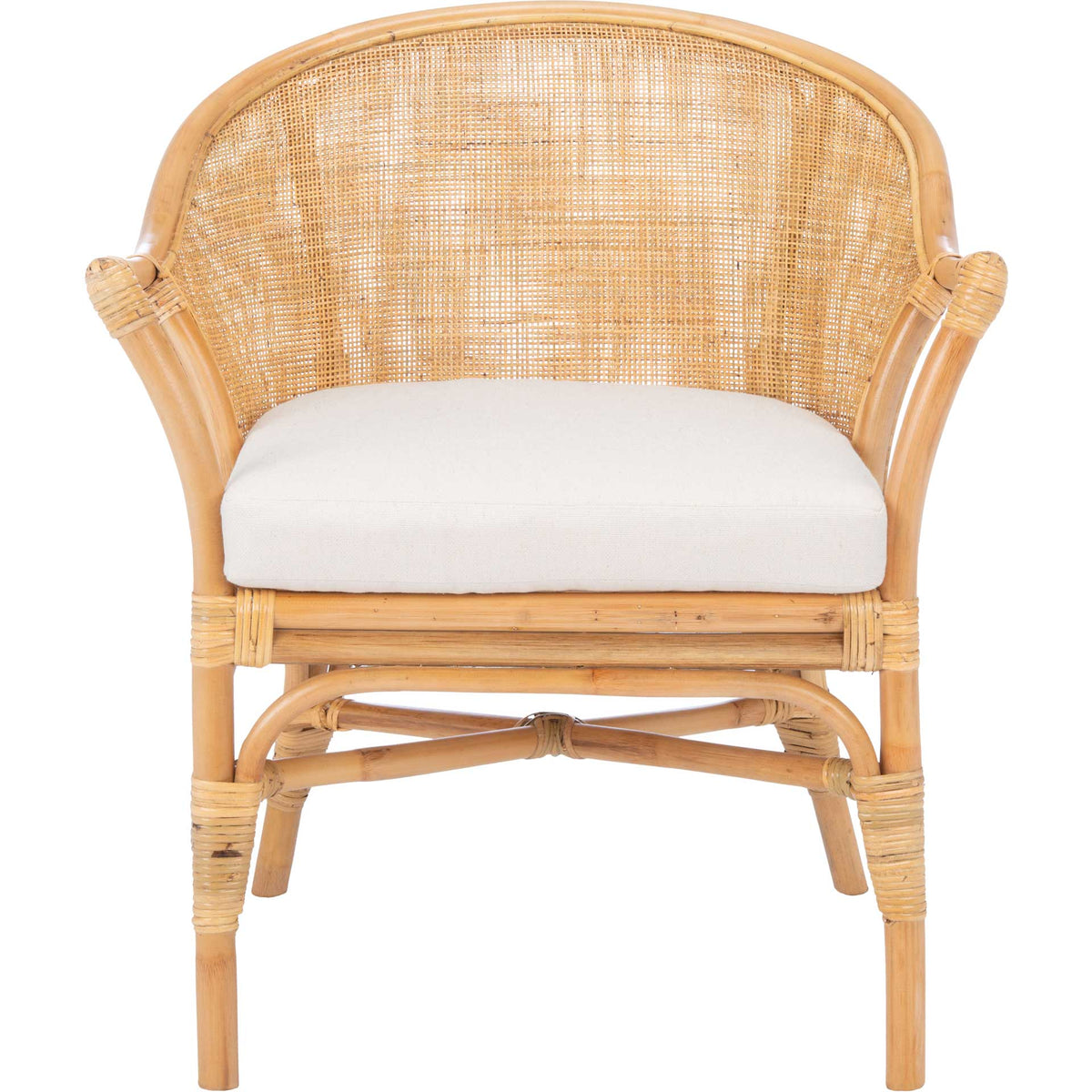 A broad woven back and rounded rattan arms frame a thick white cushion for relaxed seating || ACH6517B || front_studio