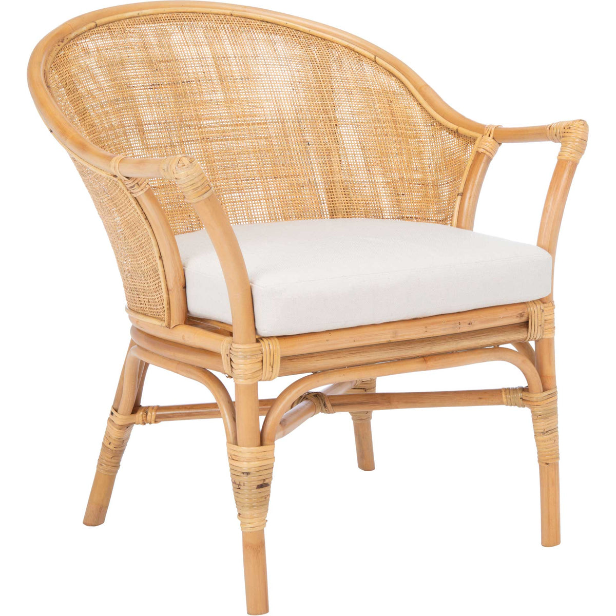 Honey-toned natural rattan arcs around an open woven back and a soft white seat cushion || ACH6517B || front_angle_studio
