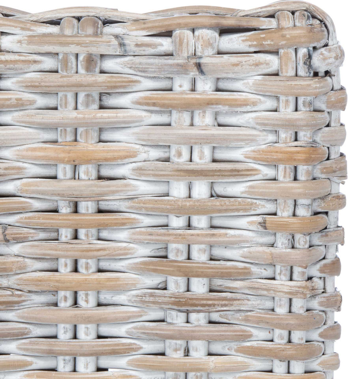 Interlaced gray-whitewashed rattan reveals warm natural tones beneath its textured finish.