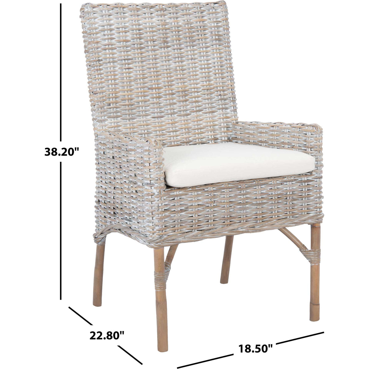 This white-cushioned, gray-whitewashed rattan chair stands 38.2 inches high.