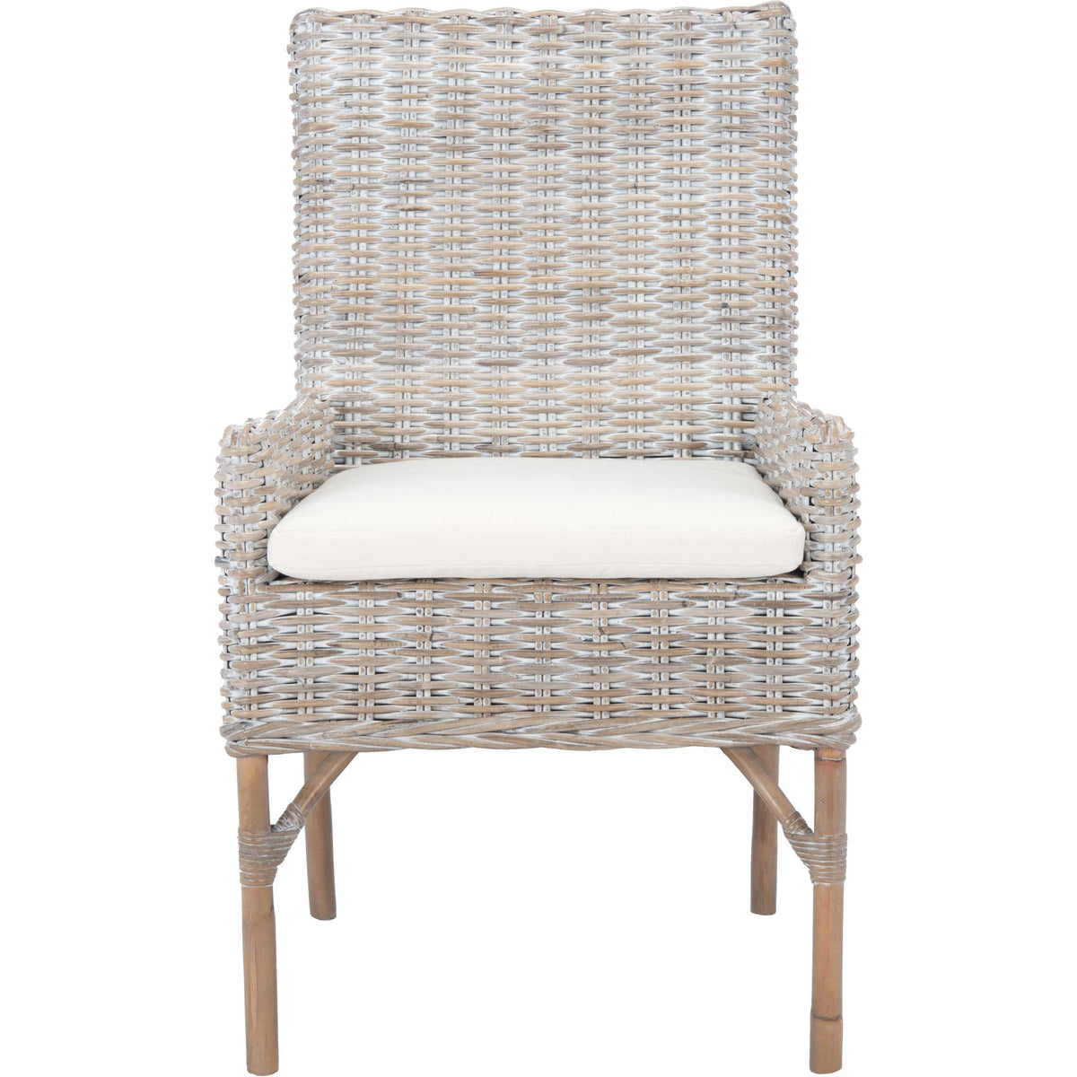 Gray-whitewashed rattan accent chair with a tall woven back, rounded arms, and a soft white cushion. || ACH6518A || front_studio