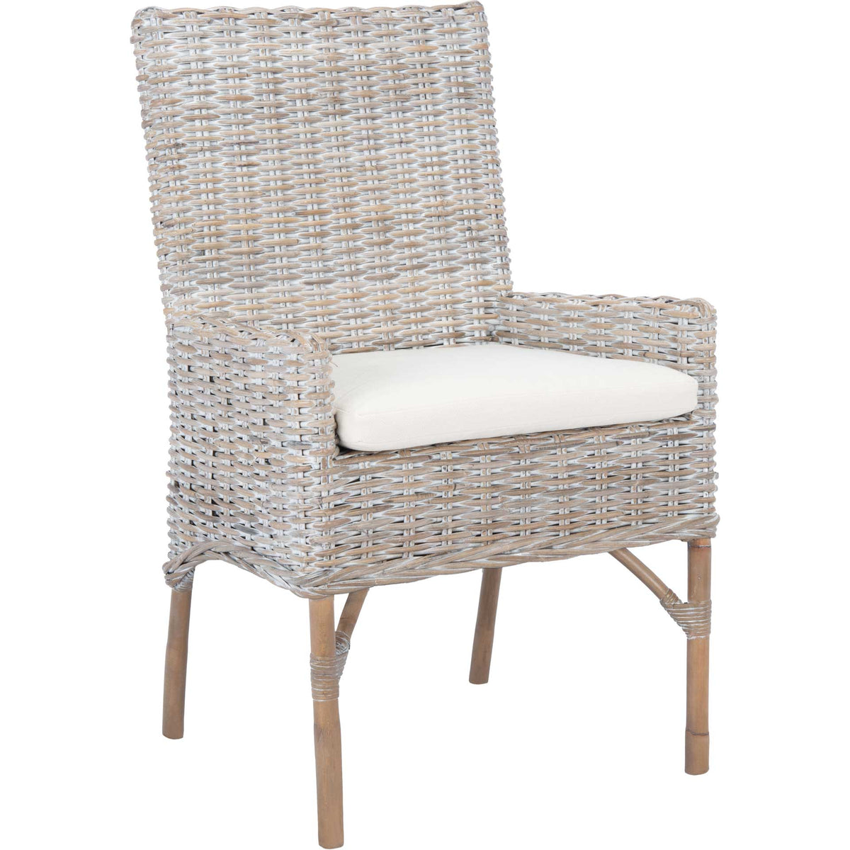 Gray-whitewashed rattan wraps the chair's high back and arms around a plush white cushion. || ACH6518A || front_angle_studio