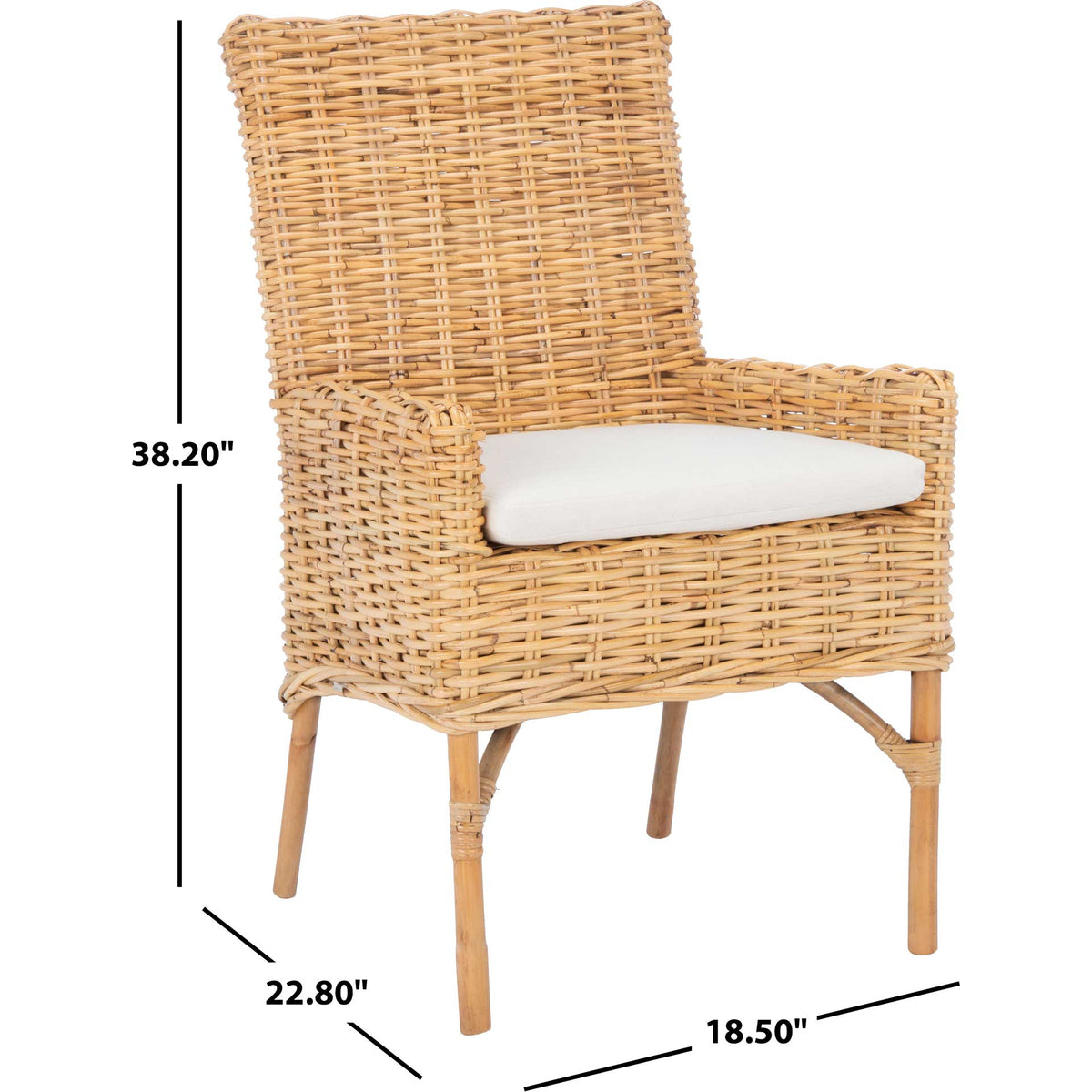 Woven natural rattan and a white seat cushion complete this 38.2-inch-tall accent chair.