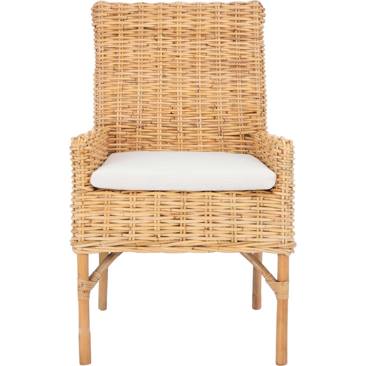 Natural rattan accent chair with a high woven back, gently curved arms, and a plush white seat cushion. || ACH6518B || front_studio