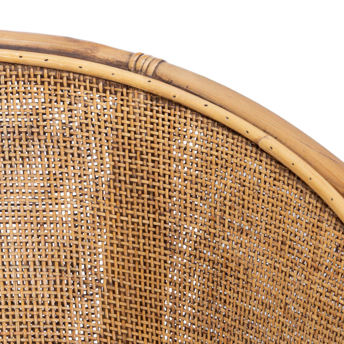 Fine rattan webbing meets a smooth, curved rail with wrapped bindings