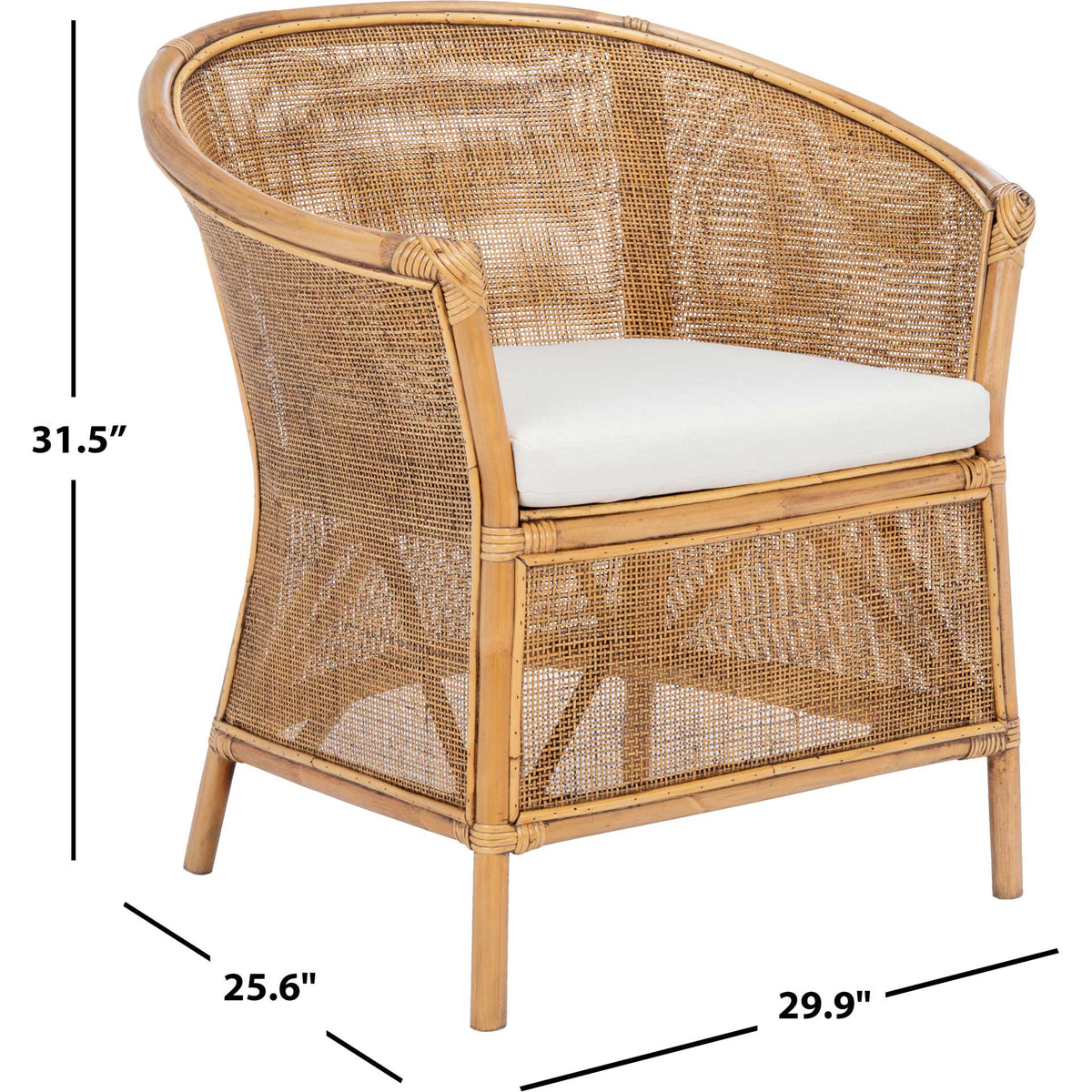The cushioned rattan chair stands 31.5 inches tall on a 25.6-by-29.9-inch footprint