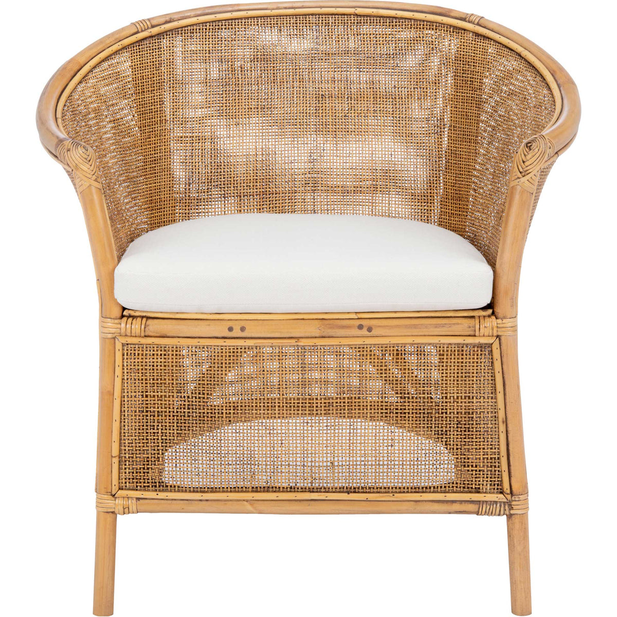 An enveloping woven rattan back and rounded arms cradle a soft white seat cushion || ACH6519A || front_studio