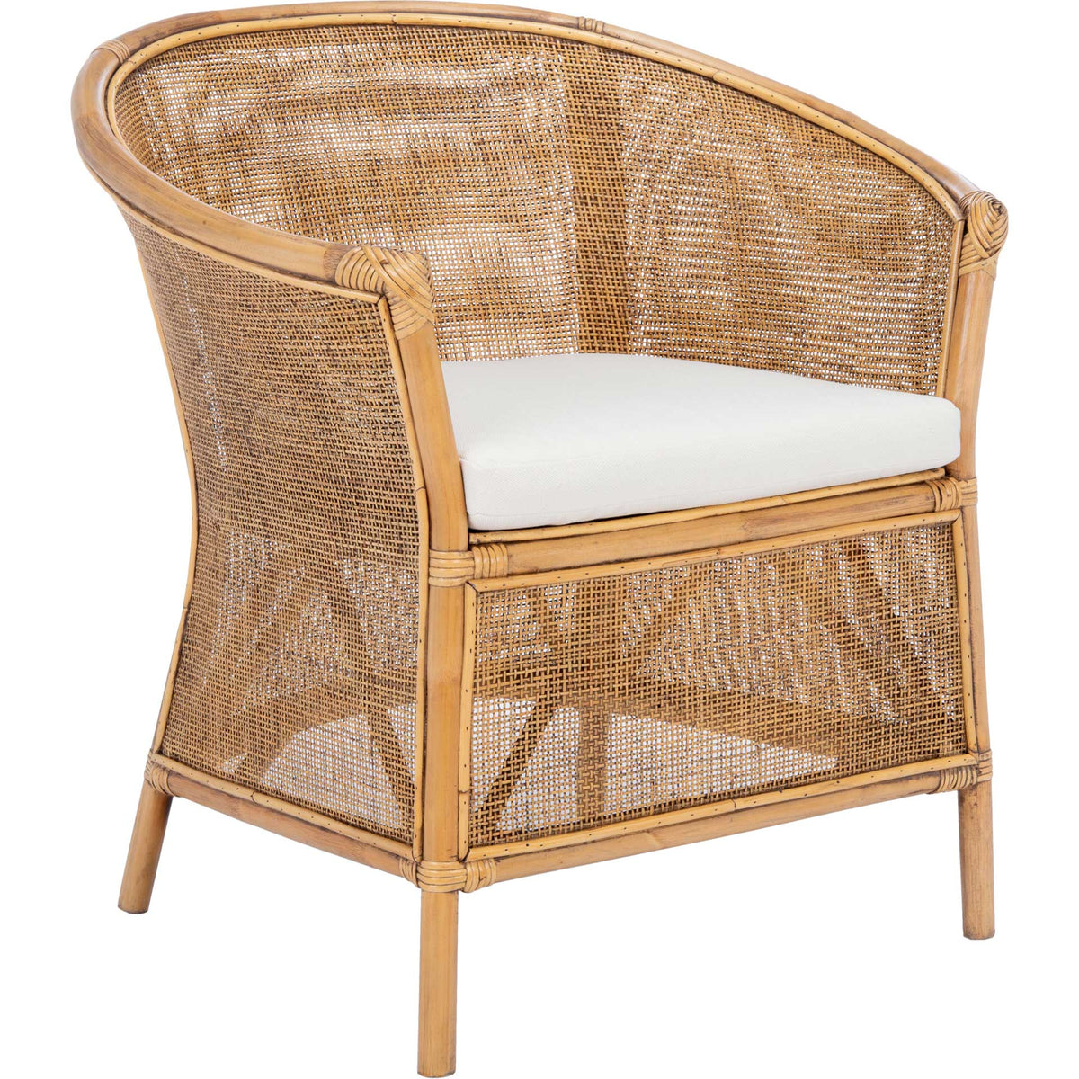 Honey-brown rattan webbing wraps a curved accent chair with a crisp white seat cushion || ACH6519A || front_angle_studio