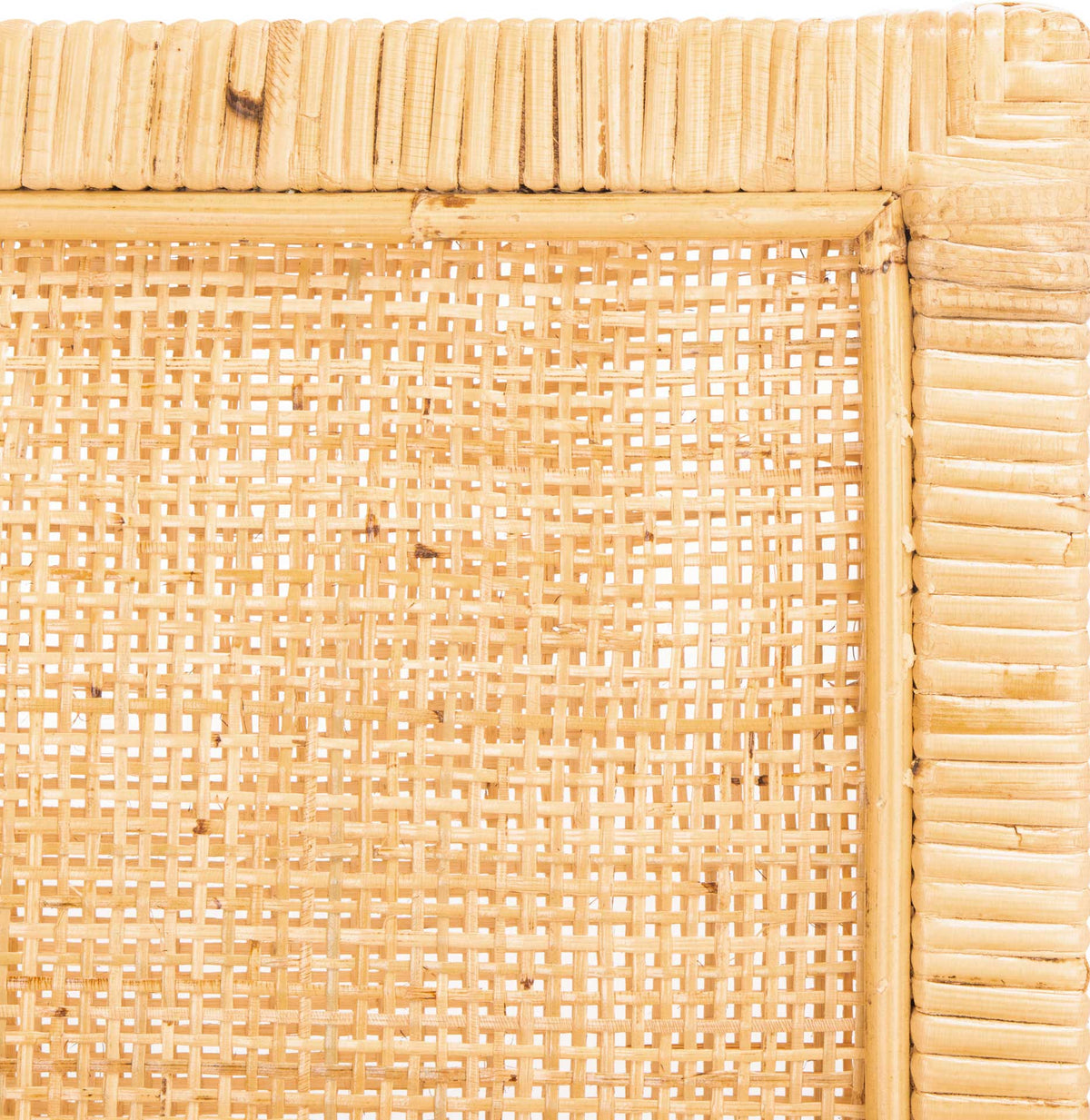 Open cane lattice and wrapped natural wood trim lend the chair inviting texture.