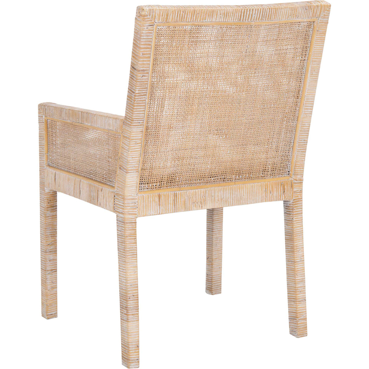 Gray-whitewashed wrapping edges the woven back and arm panel above slender legs.