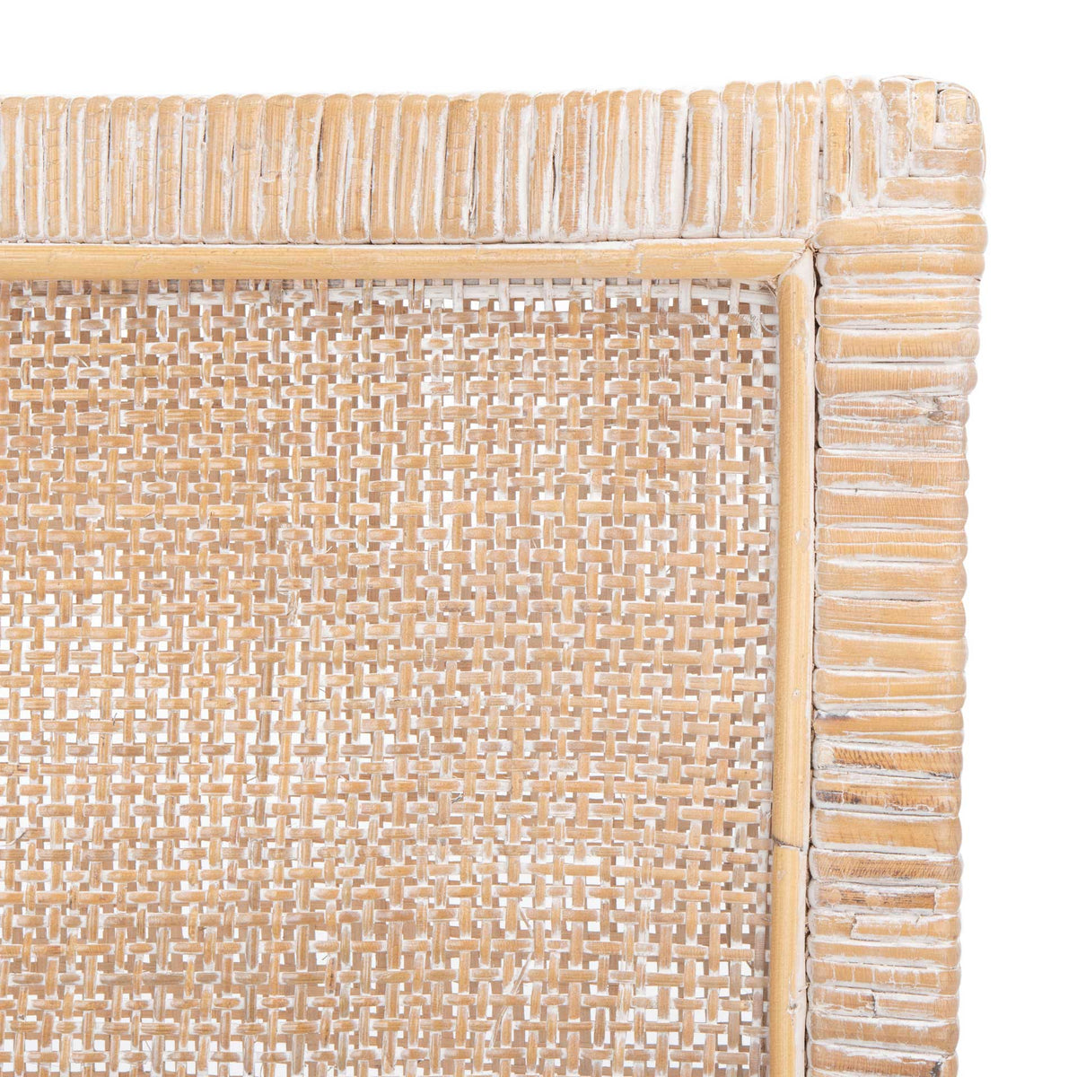 Woven cane lattice and ridged whitewashed trim create rich texture.