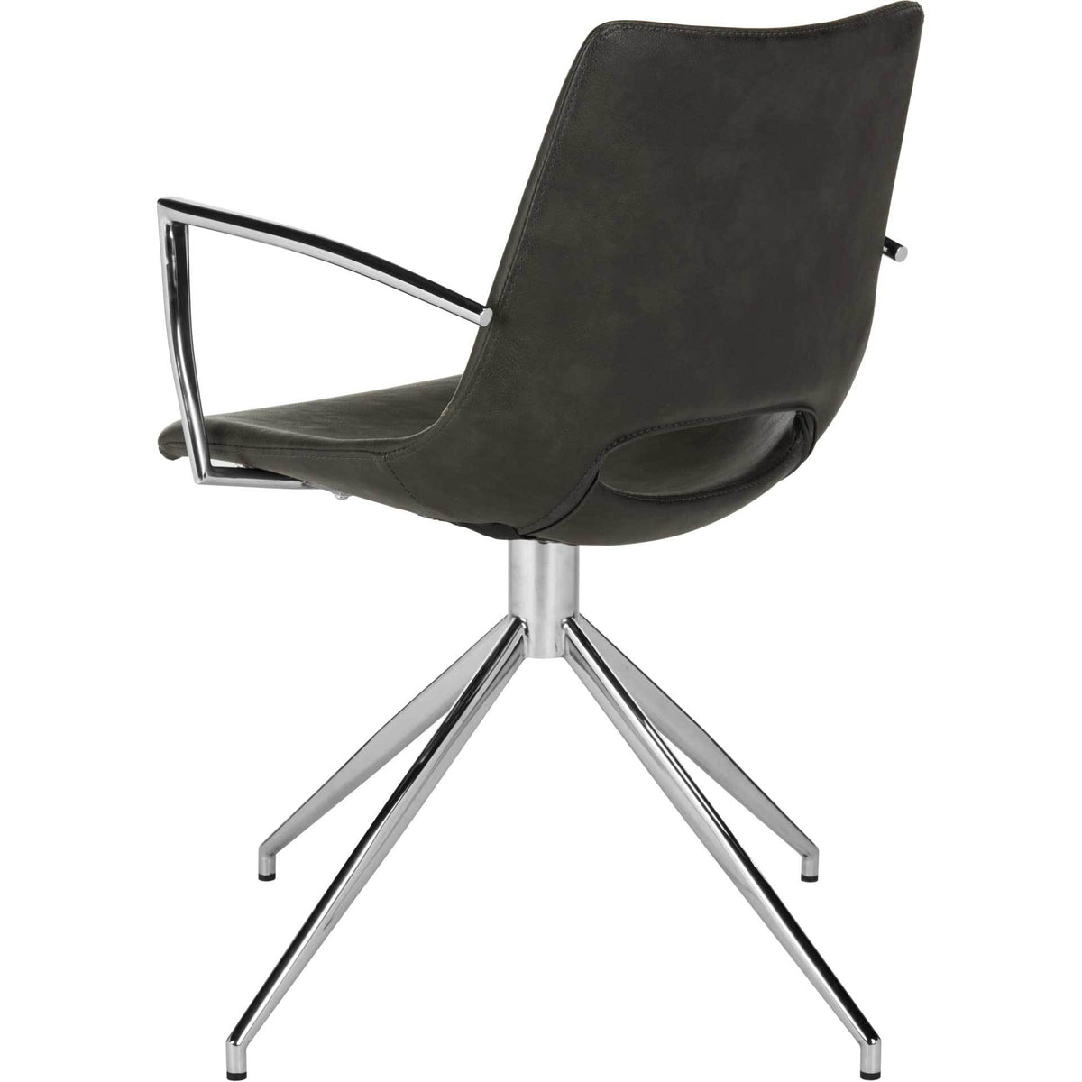 A gently curved back with a lower cutout meets slender silver arms and an angled metal base