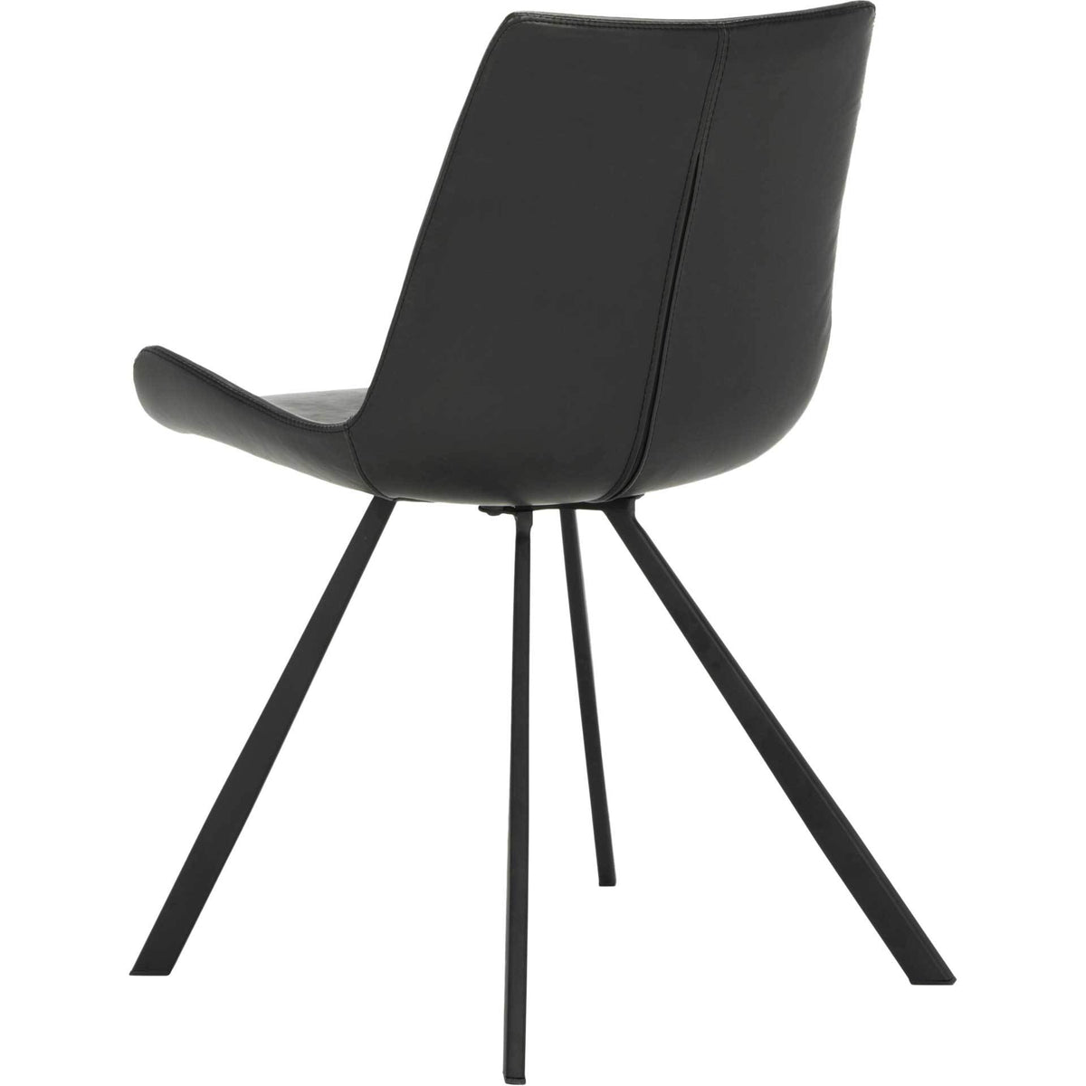 Smooth black upholstery hugs the chair's rounded back, finished with fine stitching