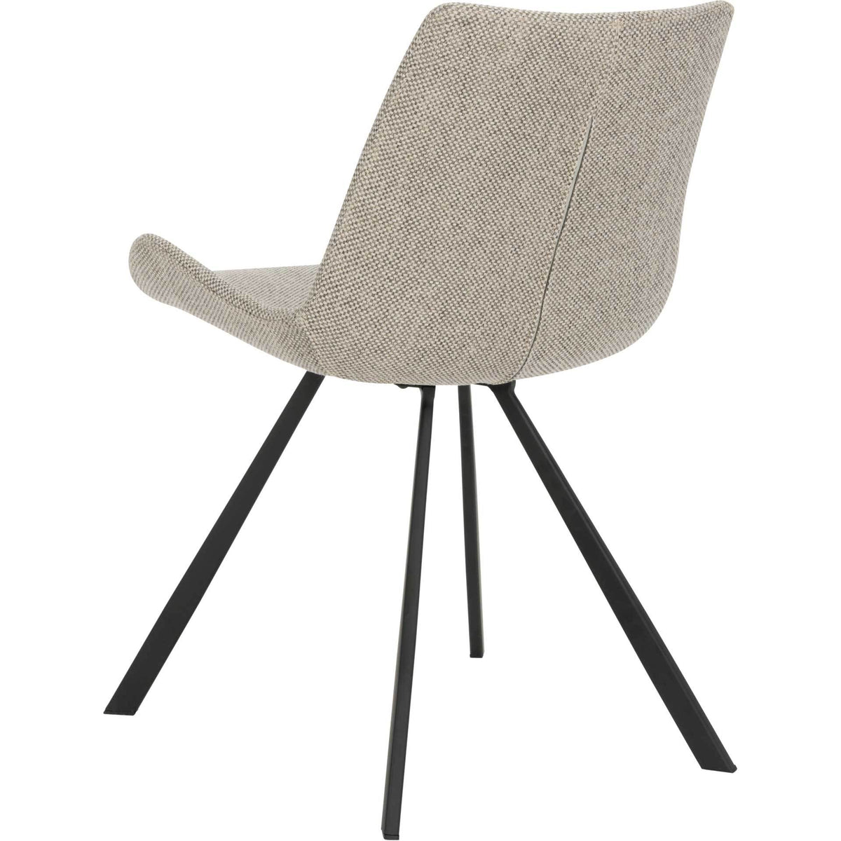 Speckled light gray upholstery wraps the sloped chair back over slender black legs