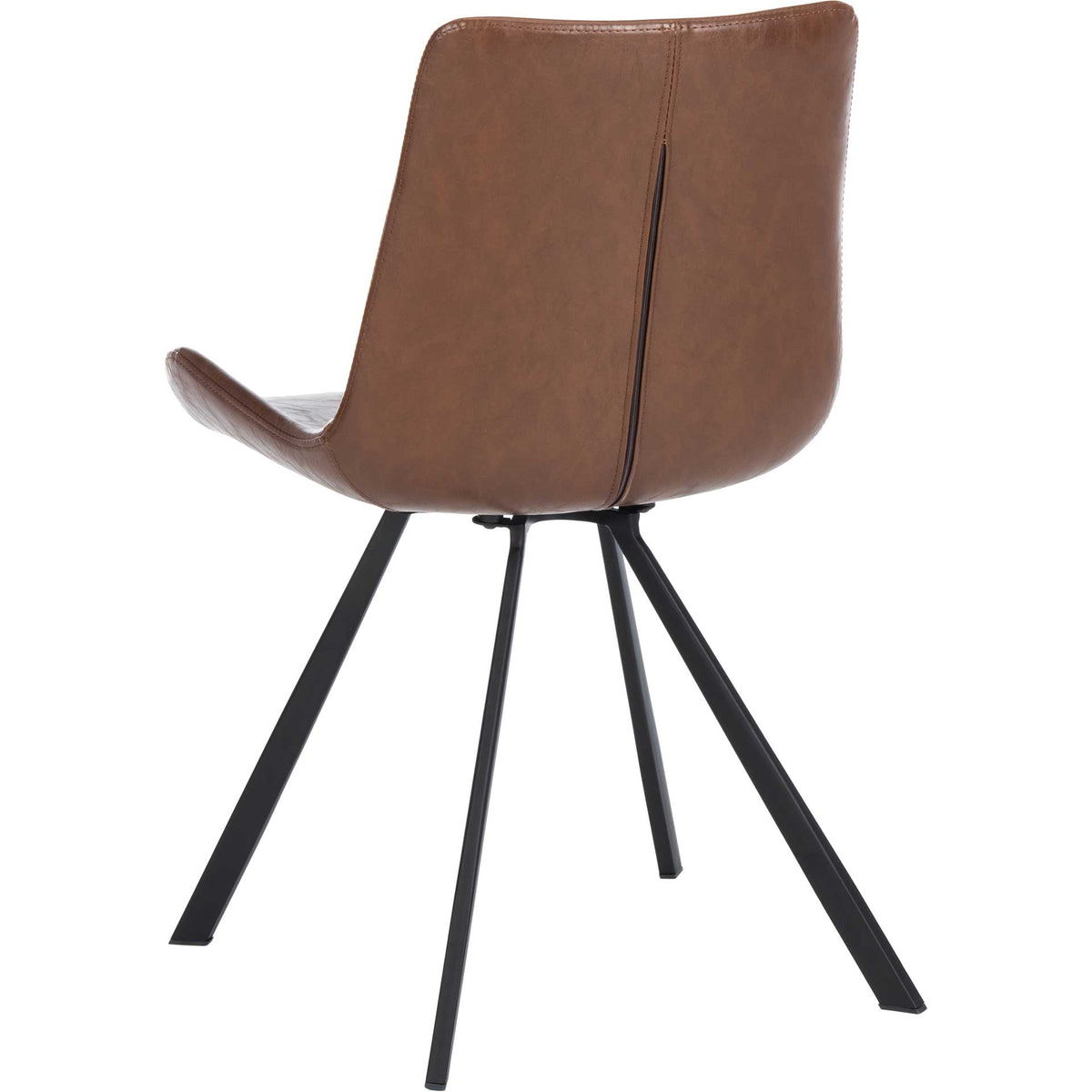Curved brown faux leather back shows neat stitching above a splayed black base