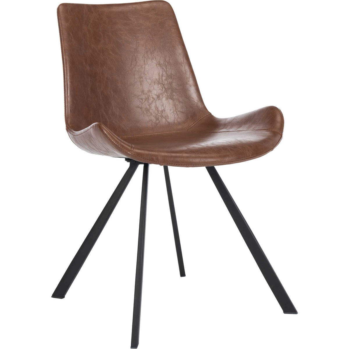 Textured brown faux leather covers a contoured chair with slim splayed black legs || ACH7004C-SET2 || front_angle_studio