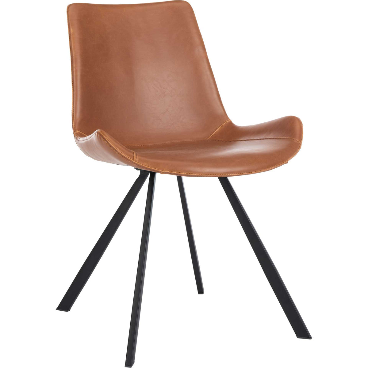 Cognac faux leather curves into a tall backrest above slender black metal legs || ACH7004D-SET2 || front_angle_studio
