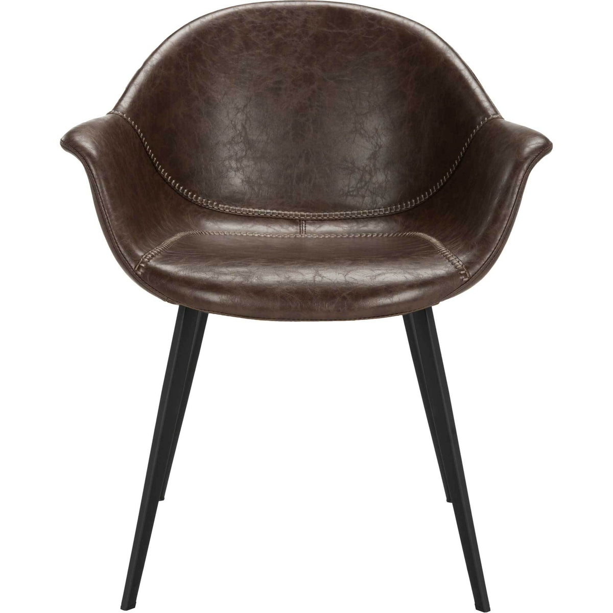 A curved faux leather back and flared arms cradle a dark brown seat above sleek black metal legs. || ACH7007A-SET2 || front_studio
