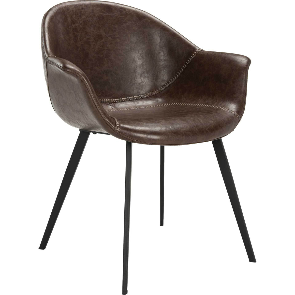 Dark brown faux leather curves around a stitched tub seat on splayed black metal legs. || ACH7007A-SET2 || front_angle_studio