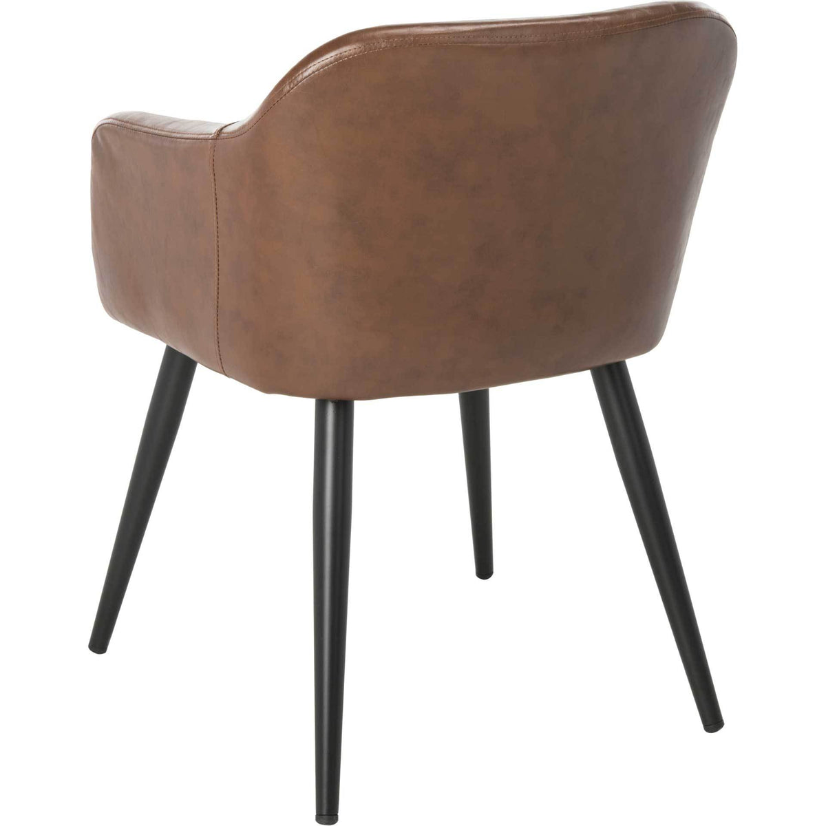 Subtle stitching traces the curved brown faux leather shell above tapered black legs.