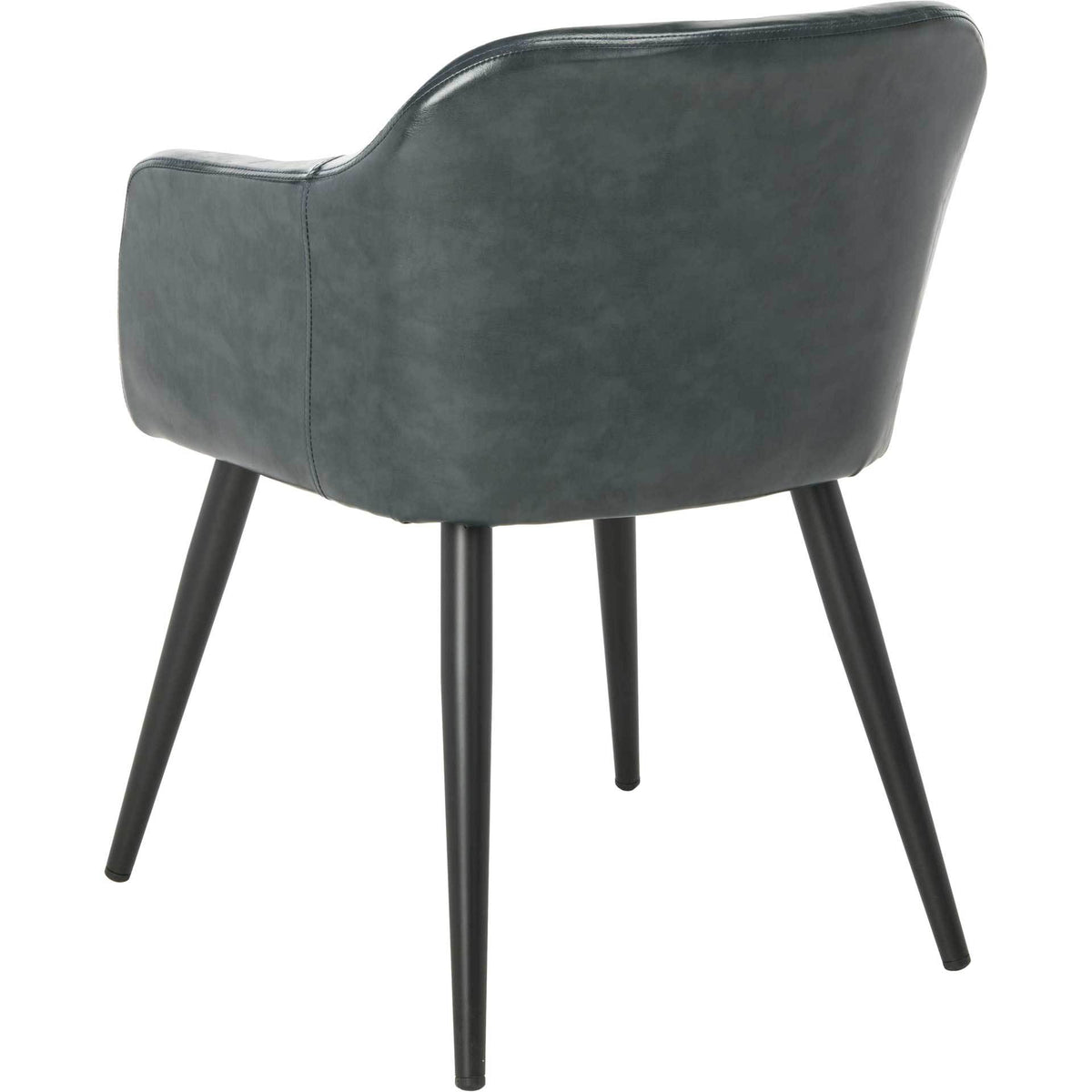 Dark gray faux leather and fine stitching accentuate the chair's rounded back and slender black legs.