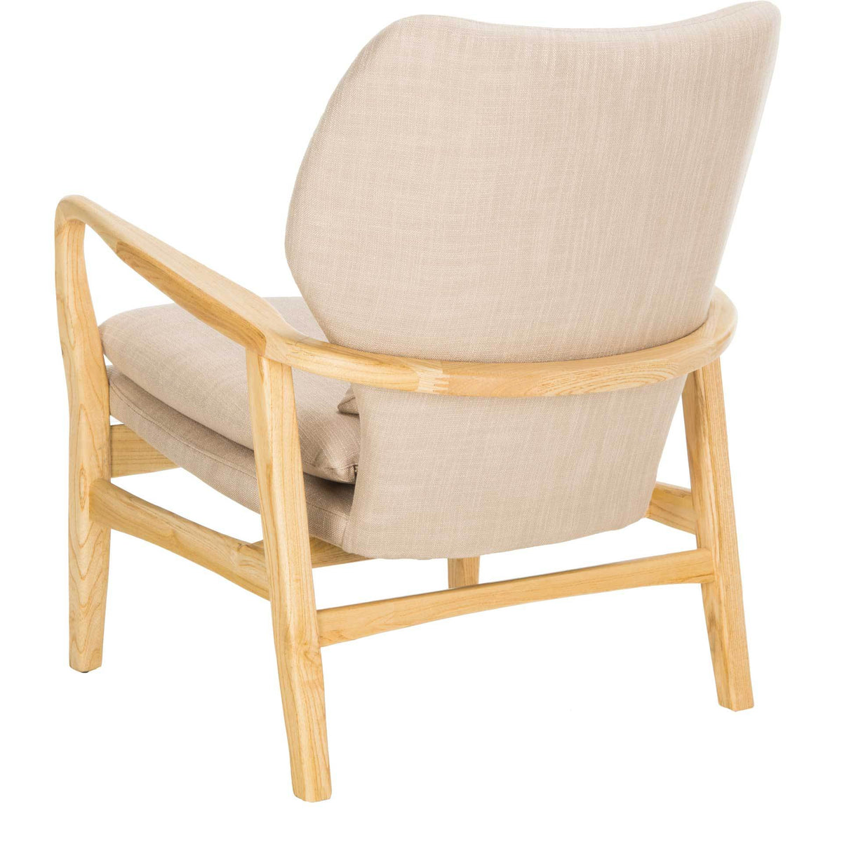 Curved wood arms wrap around a plush upholstered back above angled legs and sturdy stretchers