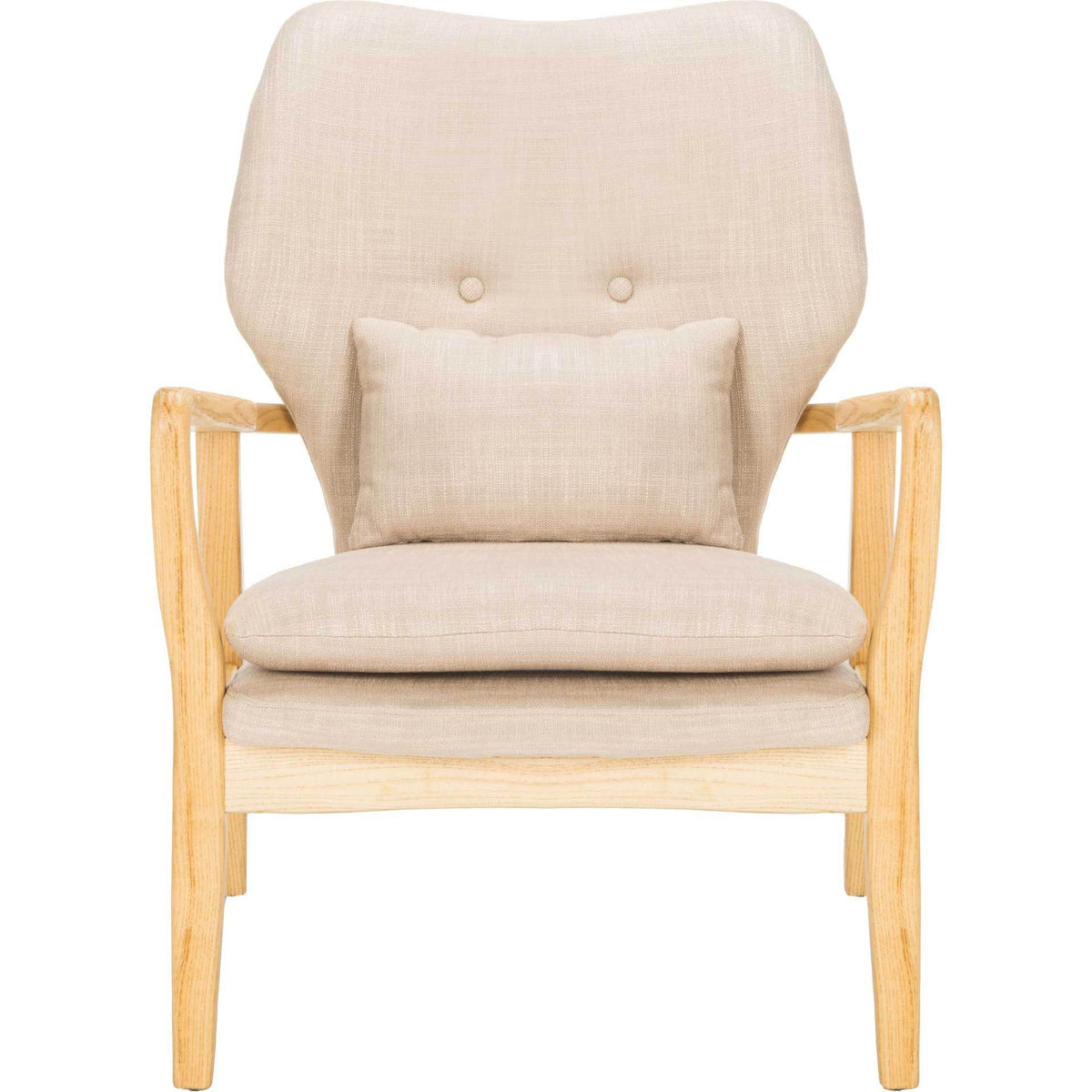 A softly curved beige back and lumbar pillow add comfort to a sleek, open-frame wood chair || ACH9500B || front_studio