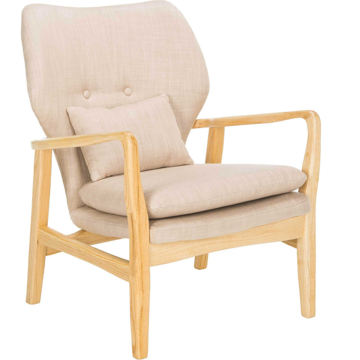 Light natural wood arms frame layered beige cushions, a button-tufted back, and a matching lumbar pillow || ACH9500B || front_angle_studio