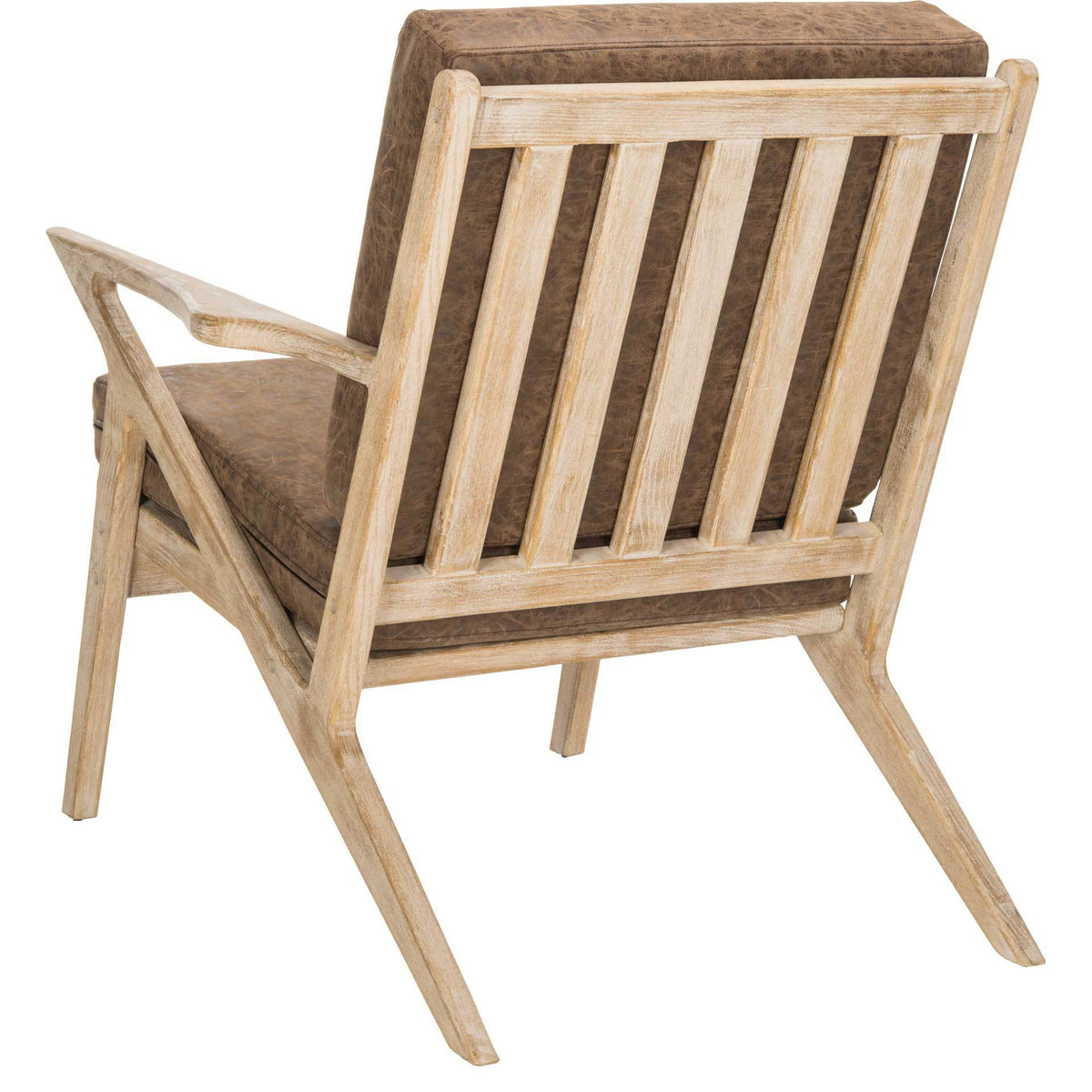 An open slatted back and sharply angled legs give this wood-framed chair sculptural appeal.