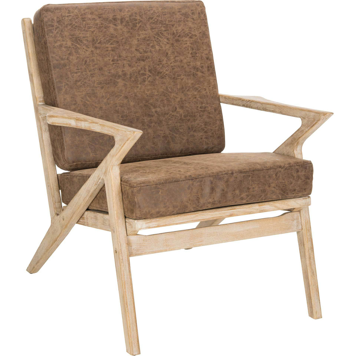 Textured brown cushions and angled wood arms lend warmth to this naturally finished accent chair. || ACH9501A || front_angle_studio