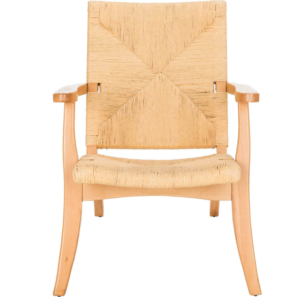 Warm wood accent chair with a woven seat and striking geometric backrest || ACH9502A || front_studio