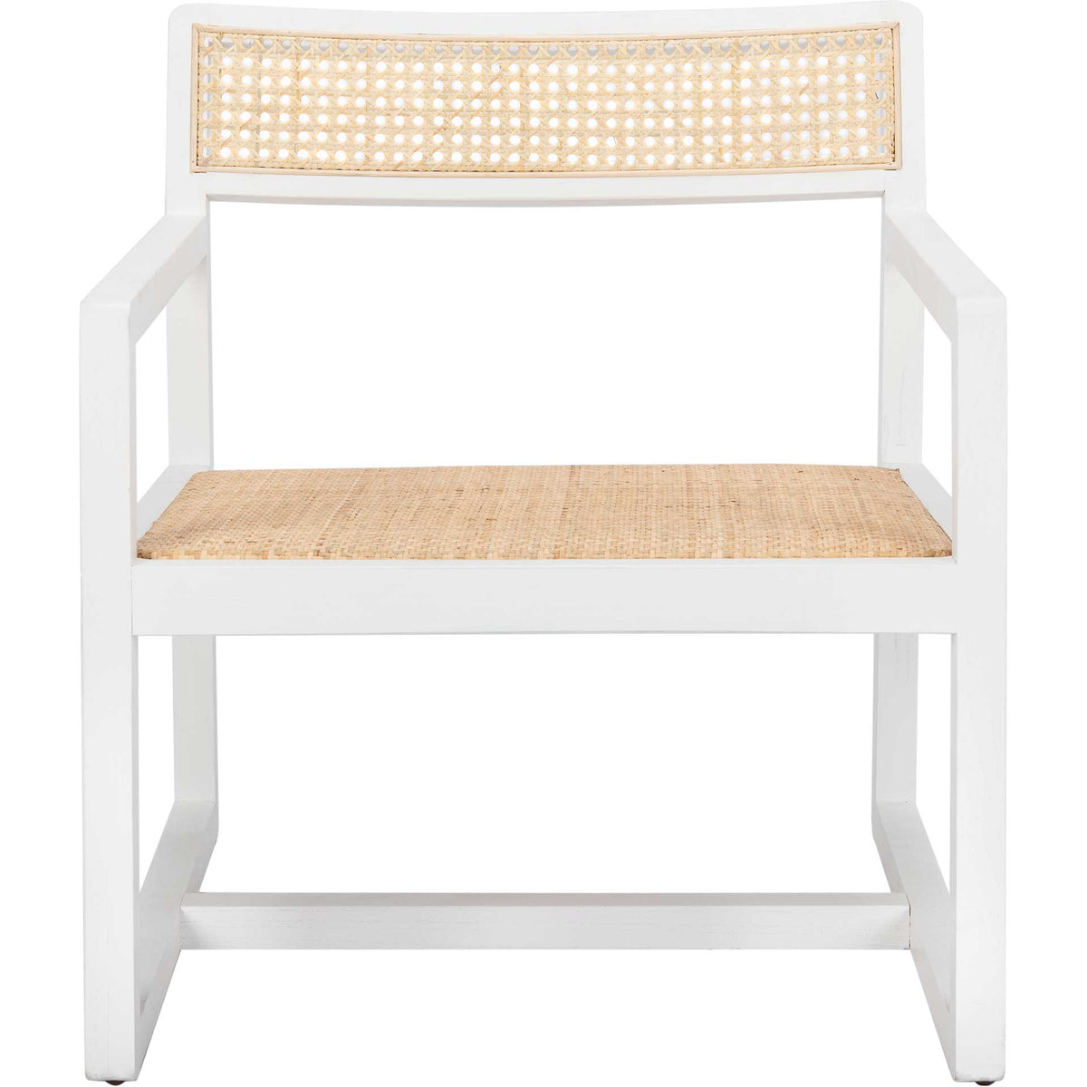 A crisp white frame outlines the woven cane seat, open backrest, and straight armrests. || ACH9503A || front_studio