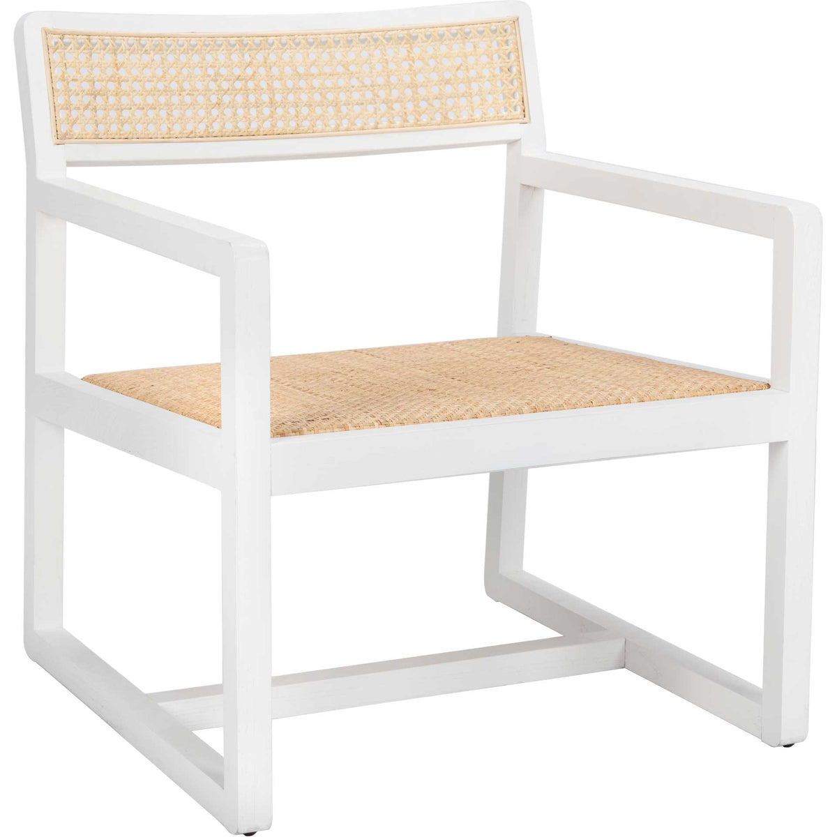 White wood arms surround a natural cane seat beneath a matching open-weave backrest. || ACH9503A || front_angle_studio