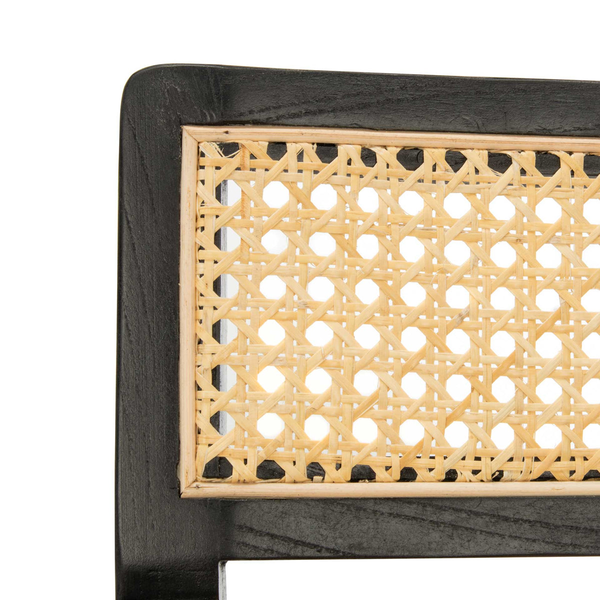 Open cane lattice sits within a smooth black wood border on the chair's backrest.