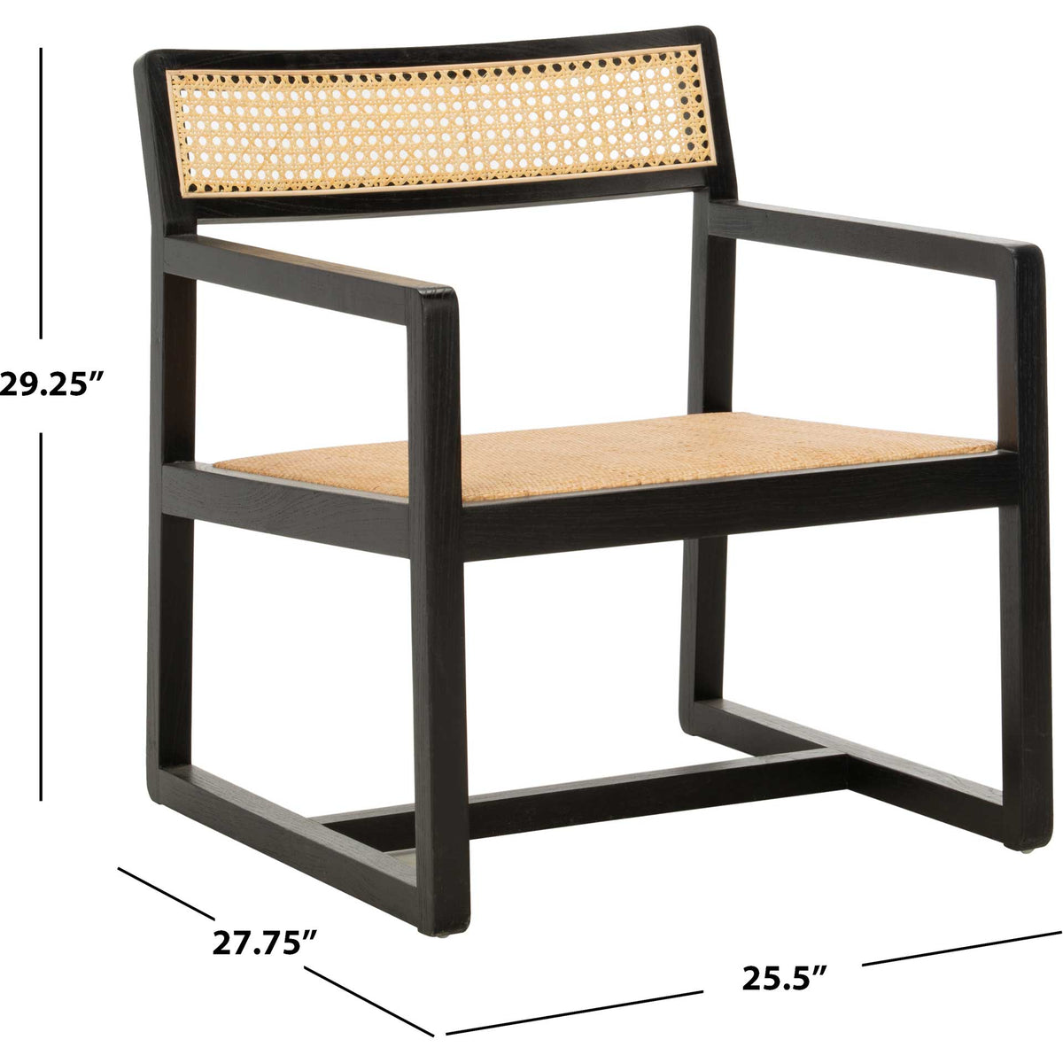 Black wood and cane chair stands 29.25 inches tall with a 27.75-by-25.5-inch footprint.