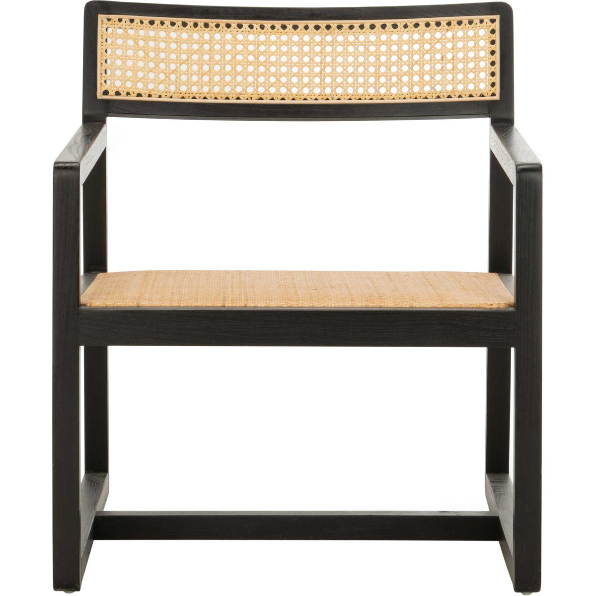 Straight black arms and a low crossbar accent a natural cane seat and open-weave backrest. || ACH9503B || front_studio
