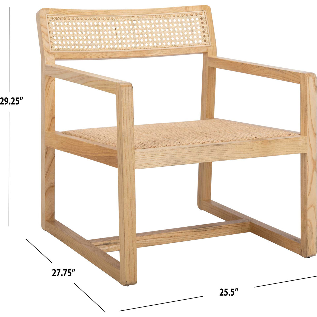 Natural wood and cane chair stands 29.25 inches tall with a 27.75-by-25.5-inch footprint.