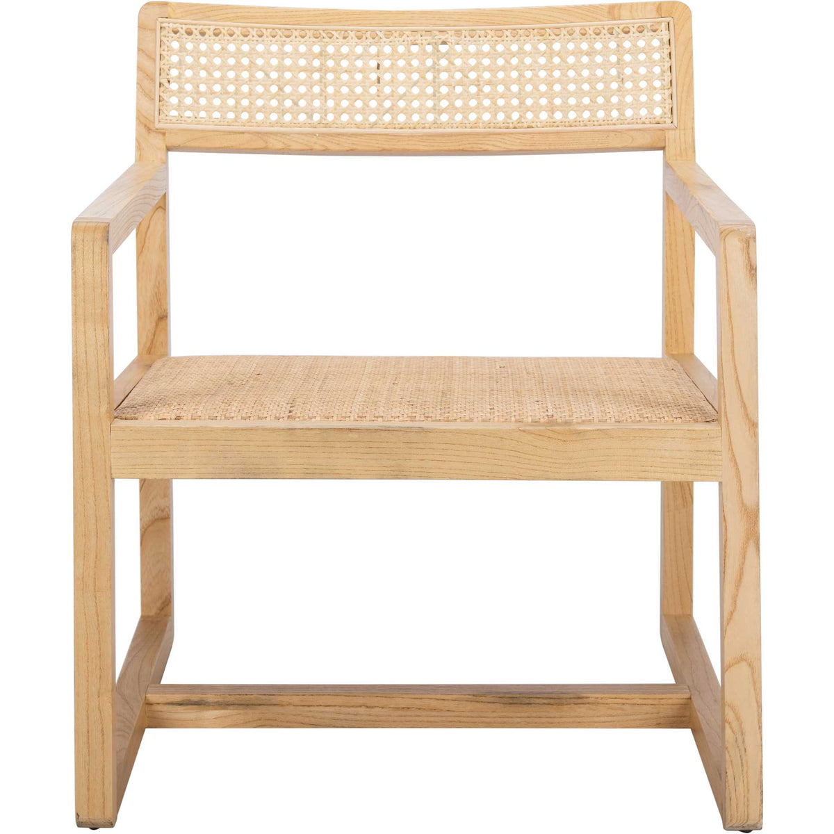 Straight natural wood arms, a woven cane seat, and an open backrest create an airy silhouette. || ACH9503C || front_studio