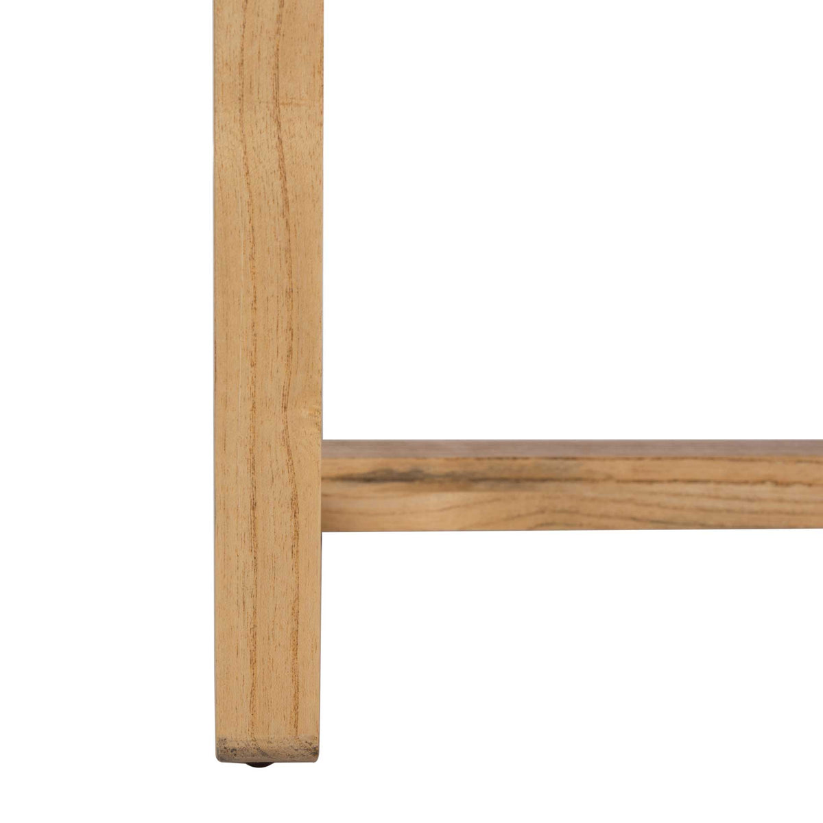 A natural wood leg connects to a low cross rail, revealing the chair's grain and open base.