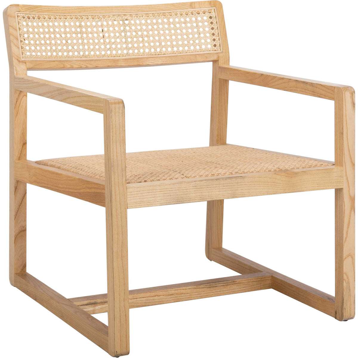 Natural wood grain frames a woven cane seat and airy backrest with gently curved edges. || ACH9503C || front_angle_studio