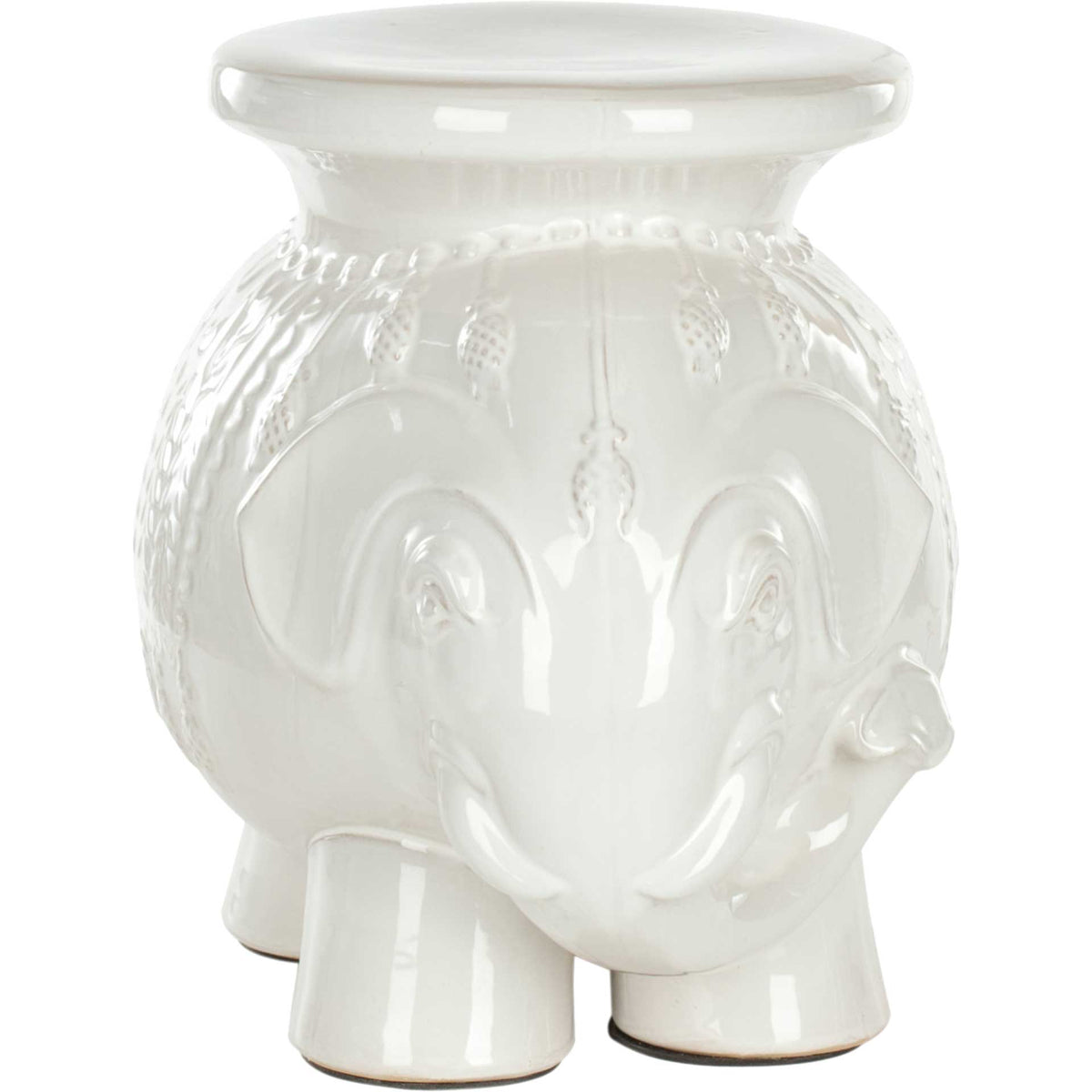 Playful white elephant stool pairs a curling trunk and expressive eyes with a sturdy ceramic form. || ACS4501A || front_studio