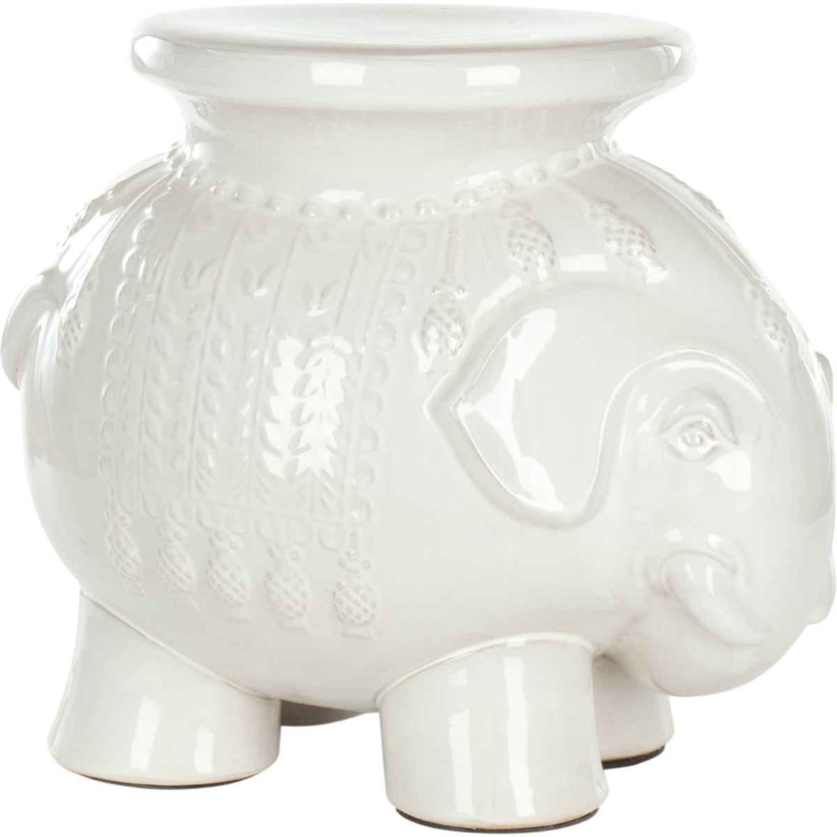 White glazed ceramic elephant stool features a rounded seat and patterned, sculpted body. || ACS4501A || side_studio