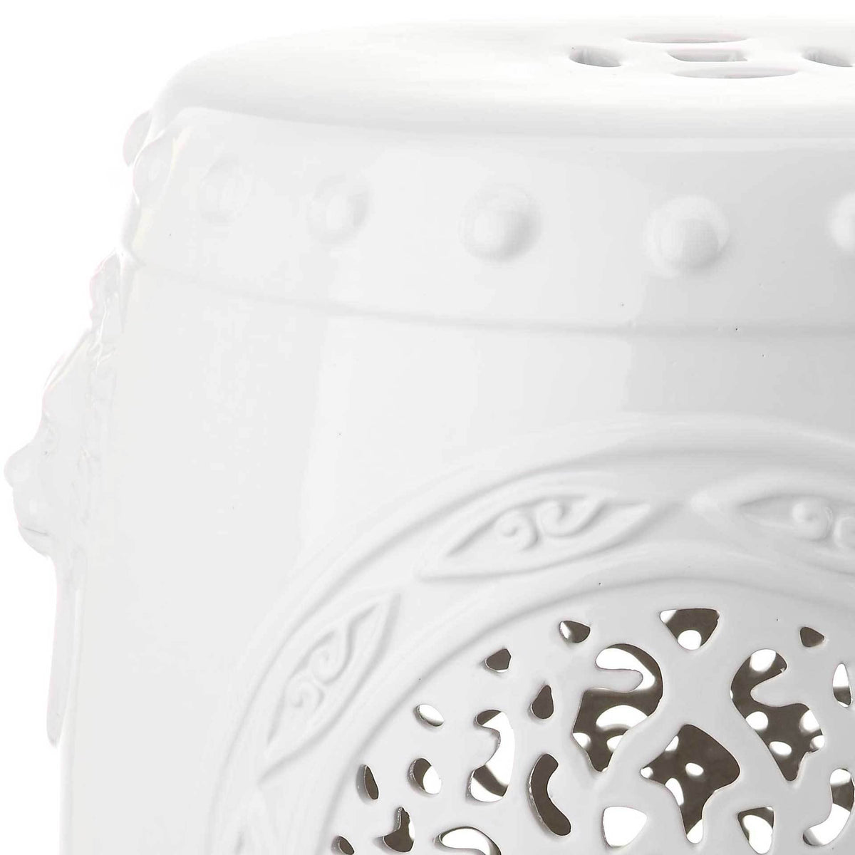 Smooth antique white glaze highlights raised beading and ornate medallion scrollwork