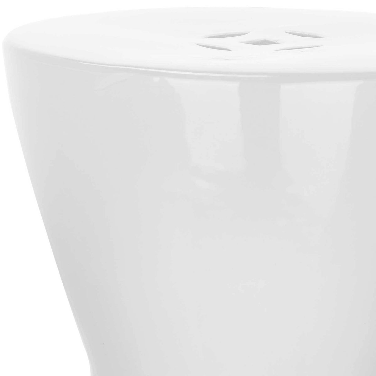 Geometric cutouts accent the glossy white ceramic top and smooth, curved sides.