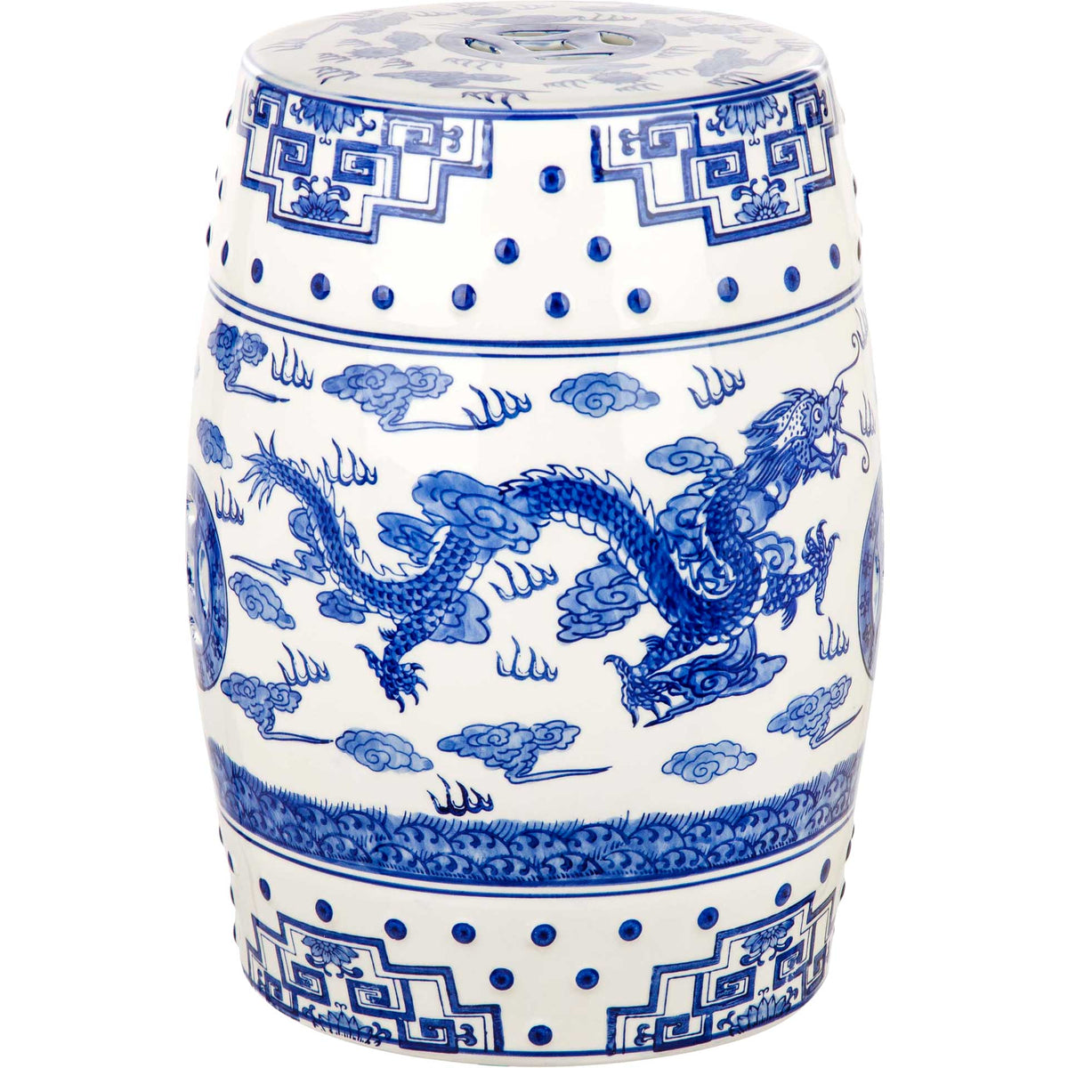 Blue-and-white ceramic garden stool with a winding dragon, clouds, and patterned borders.