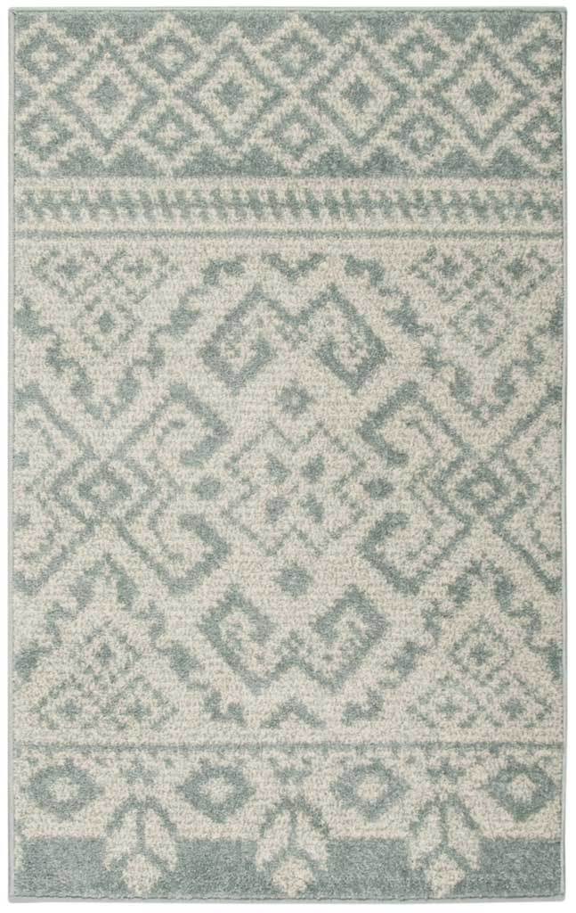 Small slate and ivory accent rug centers a large diamond motif between patterned end borders.