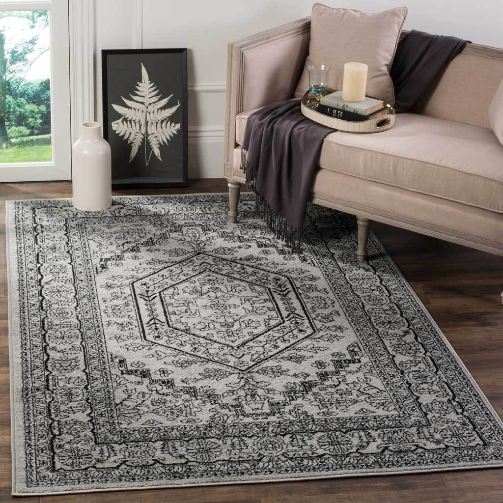 A silver and black medallion rug grounds the room with intricate floral borders.