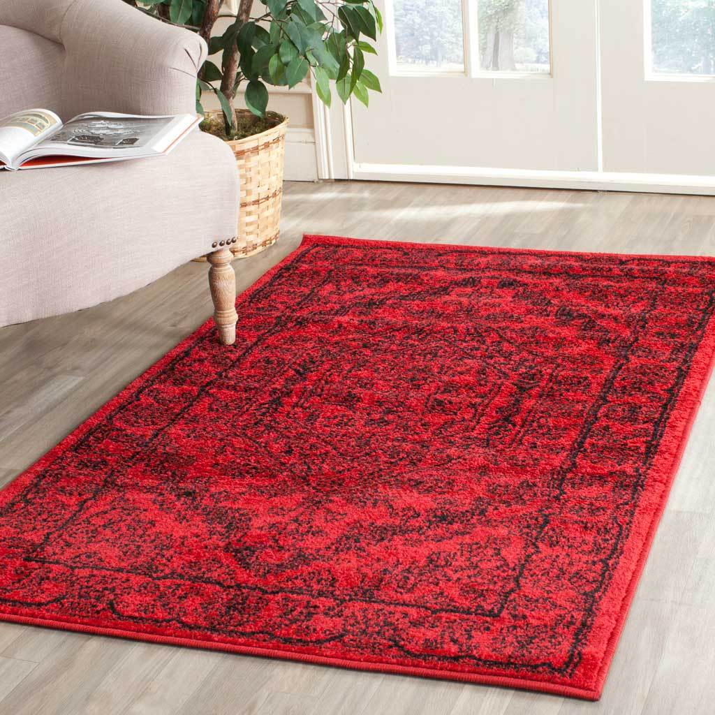 Deep red and black floral rug warms the floor beside upholstered seating.