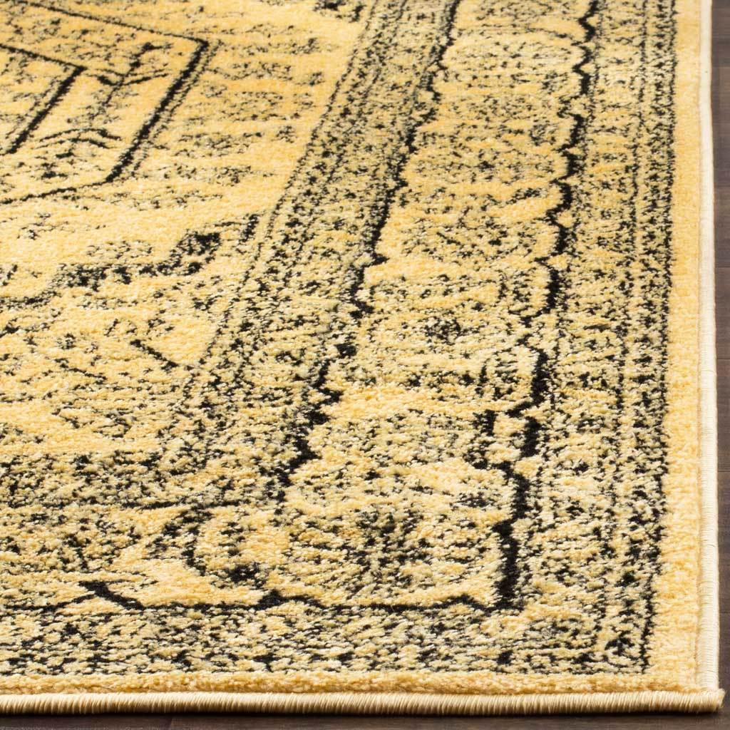 Black floral motifs stand out against golden pile at a neatly bound corner.