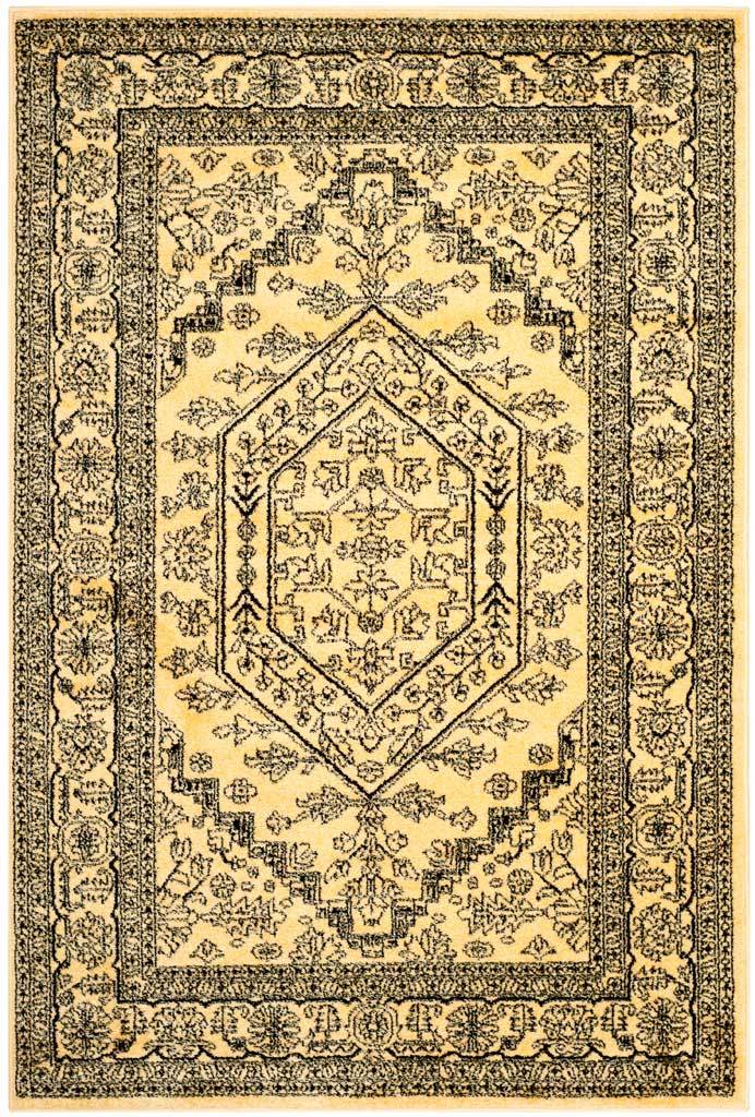 Gold and black area rug with a bold hexagonal medallion and ornate floral border. || ADR108H-8 || top_studio